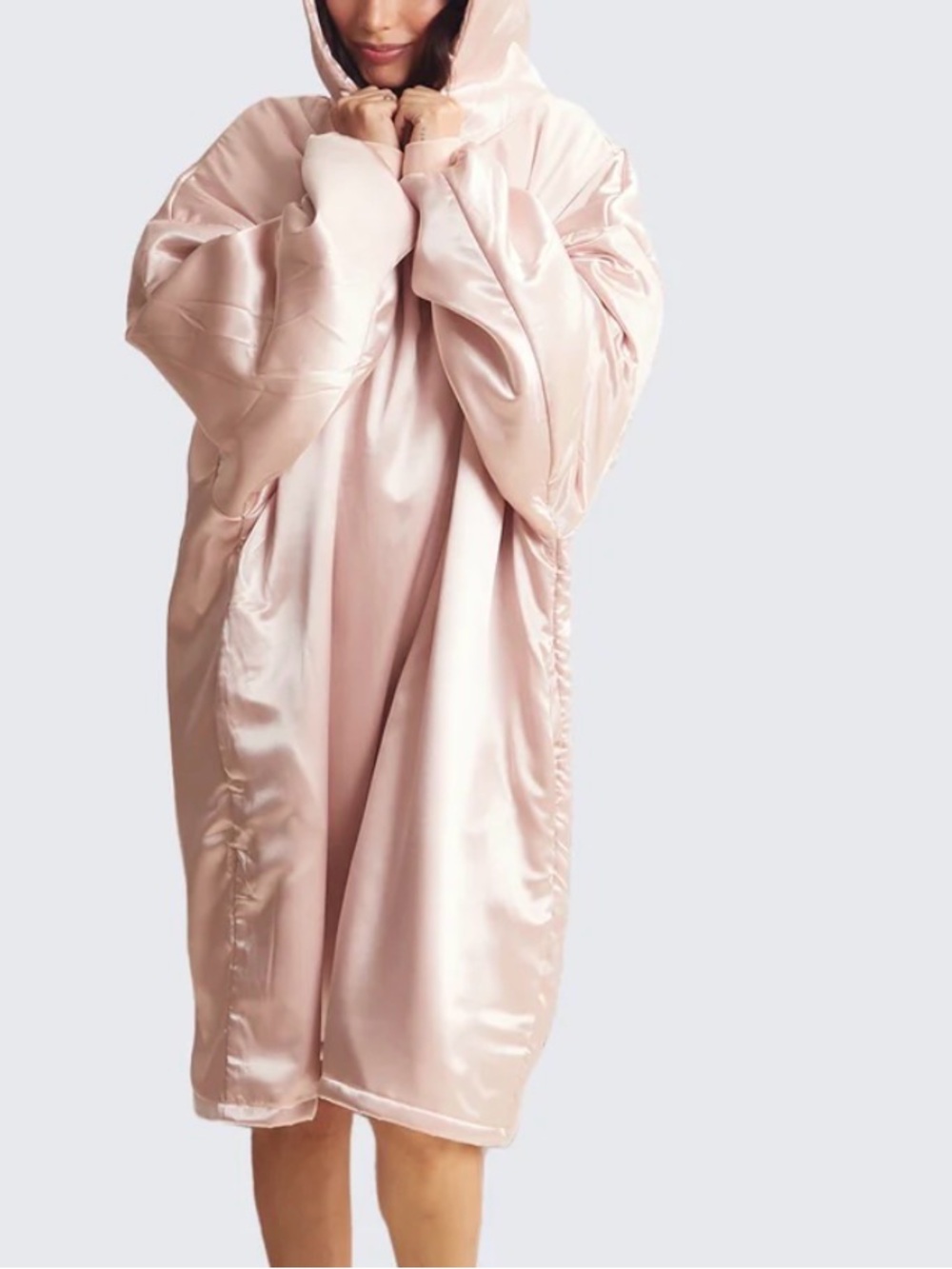 Satin Hoodie Pancho in Soft Blush